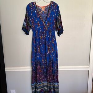 Flying Tomato Women's Blue Rayon V-Neck 3/4 Sleeve Long Maxi Dress Size Large
